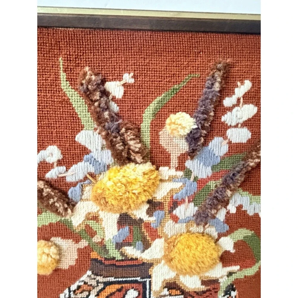 VTG Completed Needlepoint Crewel Large Stitchery Indian Heritage Bouquet 70s Art